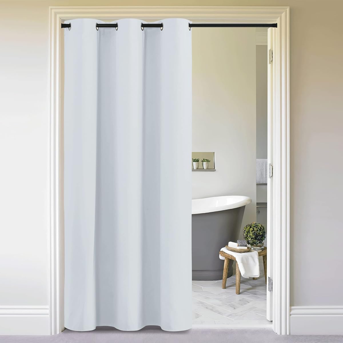 Curtains & Drapes for Door Tapestry, Sound Noise Canceling Room Darkening Replacement Makeshift Curtains for Bathroom Pantry Bedroom Closet (Greyish White, 1 Panel, 5ft Wide x 7ft Long)