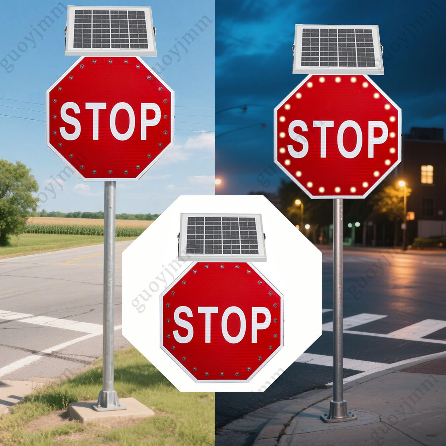 Zasilany energią słoneczną migający znak stopu, aluminiowa ośmiokątna odblaskowa tablica ostrzegawcza LED, bezpieczeństwo ruchu drogowego na zewnątrz