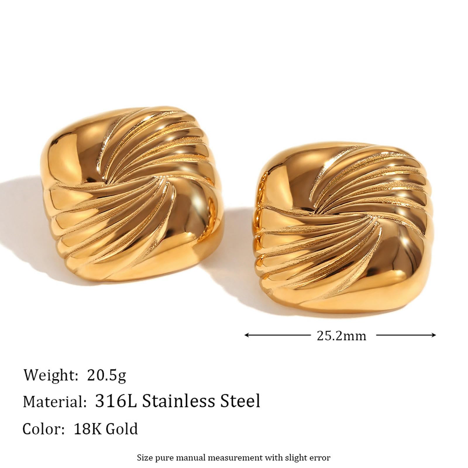 WBDWWTD Orecchini Geometrici con Increspatura dell'Acqua ad Ala Quadrata in Acciaio Inossidabile Placcato Oro 18 carati, Regalo per Le Donne