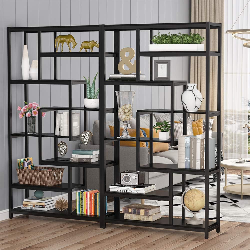Tribesigns 8-Shelves Staggered Bookshelf, Rustic Industrial Etagere Bookcase for Office, Vintage Book Shelves Display Shelf Organizer for Home Garden (Black) : Home & Kitchen