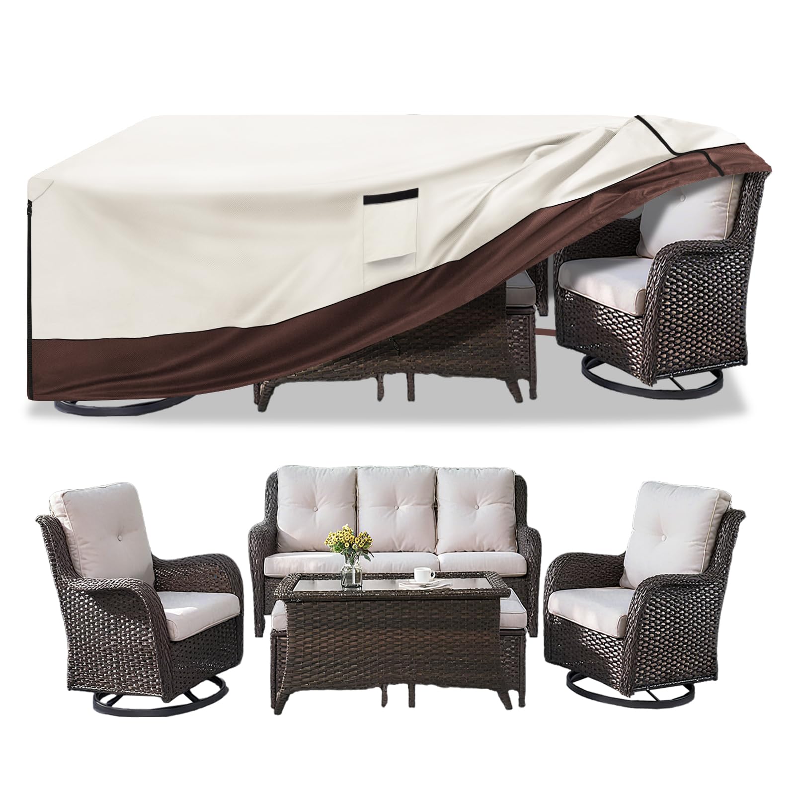 Patio Furniture Cover for 5 Pieces Set-Waterproof 600D Oxford Fabric Cover for 5 PCS Outdoor Sets Wicker Metal Couch Rocking Glider Swivel Chairs Ottomans Sectional Sofa Dining Chair Beige
