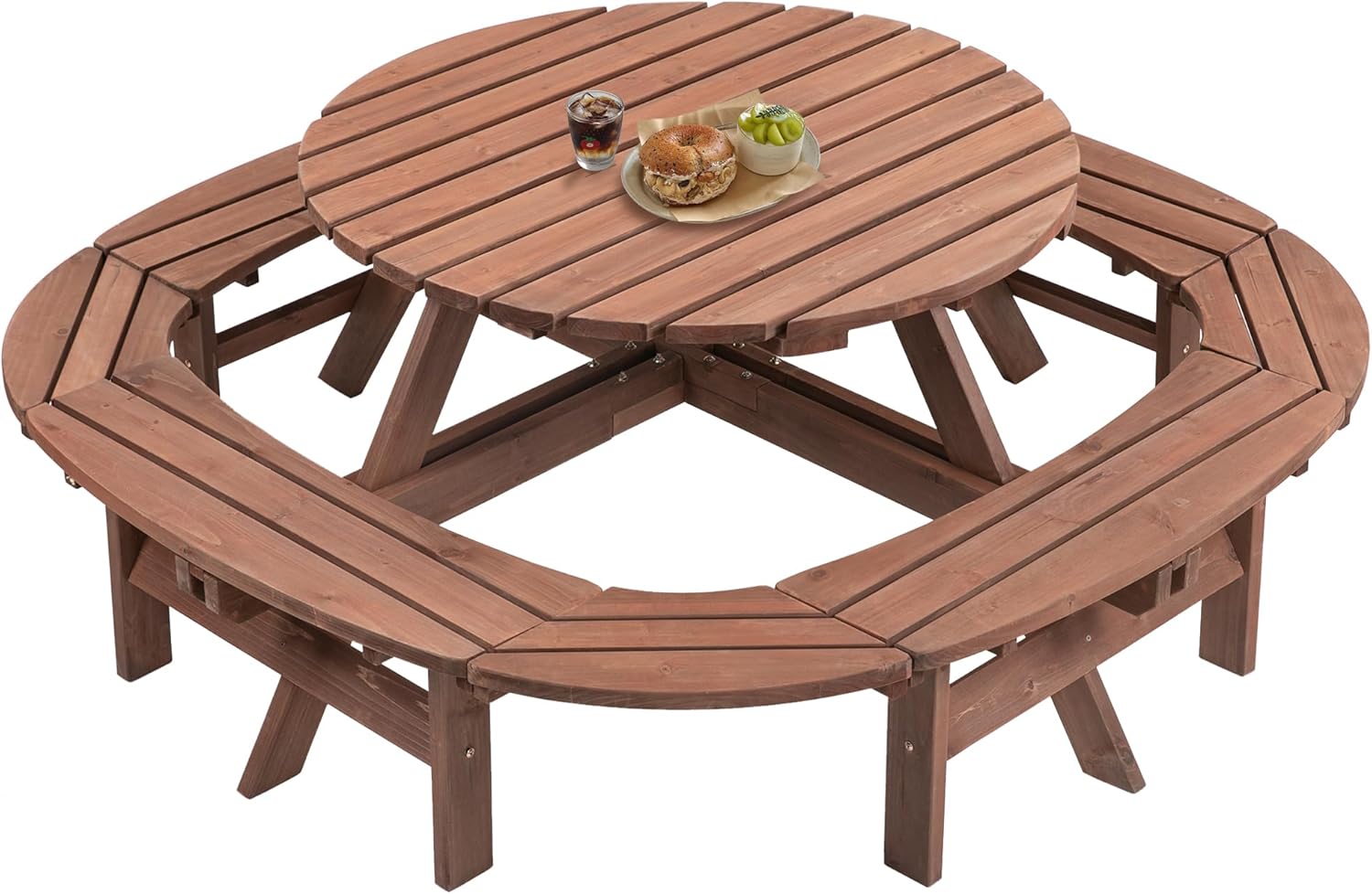 6 Person Outdoor Picnic Table, Wooden Picnic Tables with 3 Built-in Benches Table and Chairs Set with Umbrella Hole Outside Table and Bench Round Picnic Table Patio Tables for Garden, Backyard, Porch