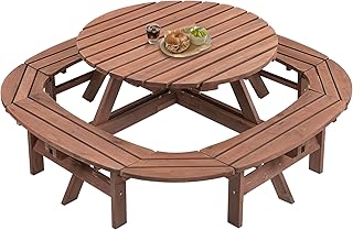 RocVanc 8-12 Person Outdoor Round Wooden Picnic Table with 8 Built-in Benches, Umbrella Hole, Lifetime Outside Table and Bench Set for Garden, Backyard, Porch, Patio and Deck
