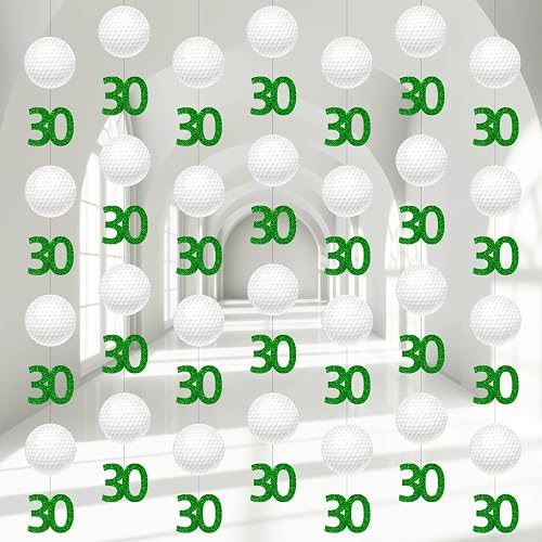 Gueevin 8 Pcs Golf 30th Birthday Party Decorations for Men Golf Ball Hanging Garlands Banner Paper Cutouts Streamers for Him Thir-Tee Sports Theme 30th Birthday Party Wall Ceiling Decor