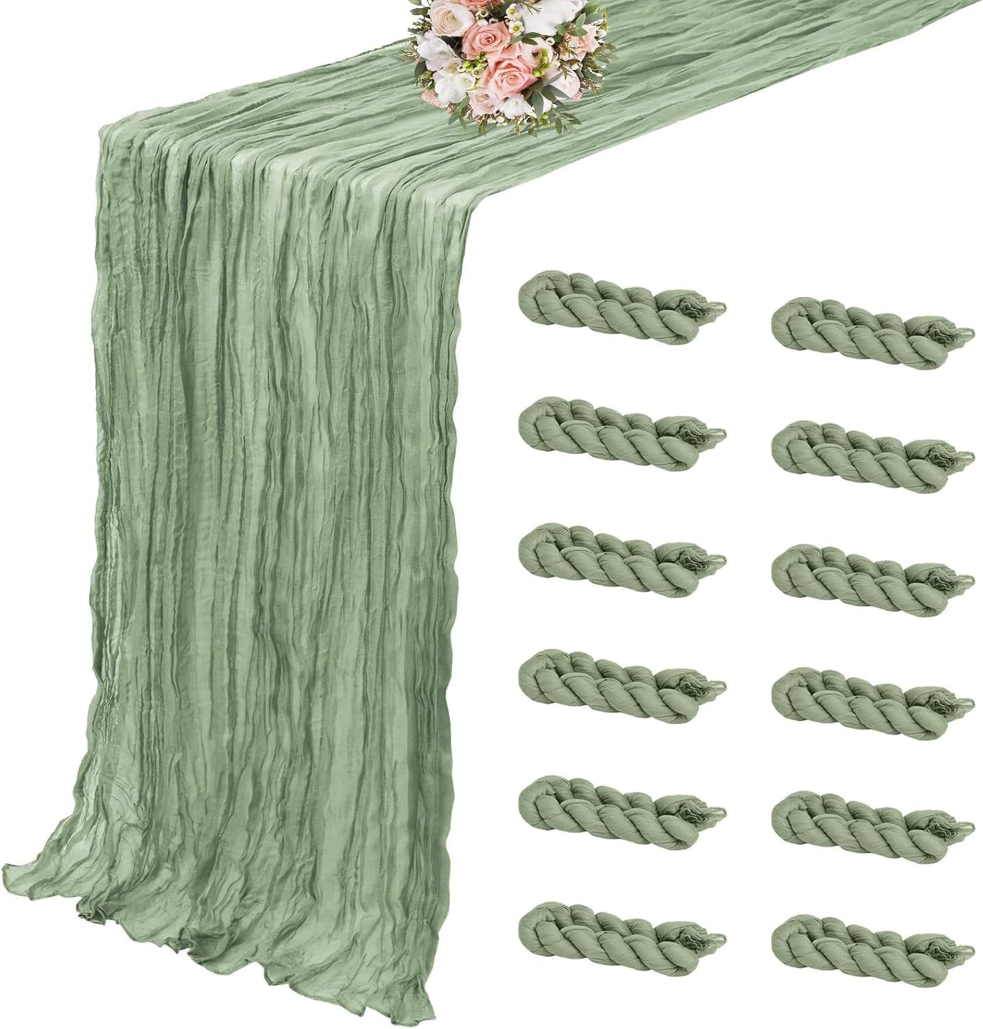 12 Pack Sage Green Cheesecloth Table Runner 35x120 Inch 10Ft Boho Gauze Fabric Table Runner Rustic Sheer Runner for Wedding Birthday Baby Shower Party Boho Table Decoration (Sage Green, 12 Pack)