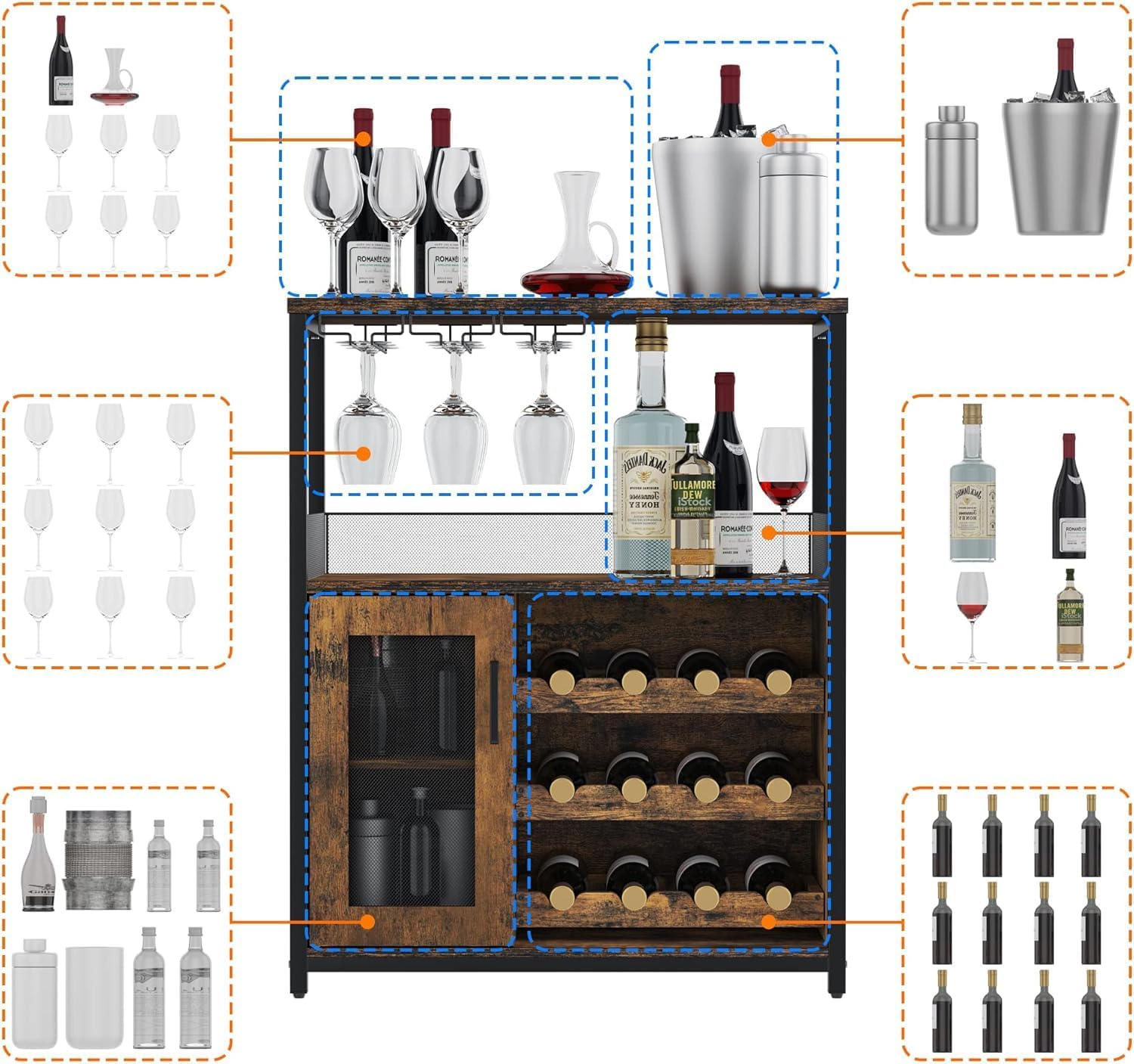 Buffet Rangement à Vin en Bois Armoire de Cuisine 60 cm Meuble de Bar à Vin avec LED Armoire Haute 3 Niveaux Rétro Industriel Étagères Réglables Porte en Métal grillagé Tiroir Amovible Rangement Brun