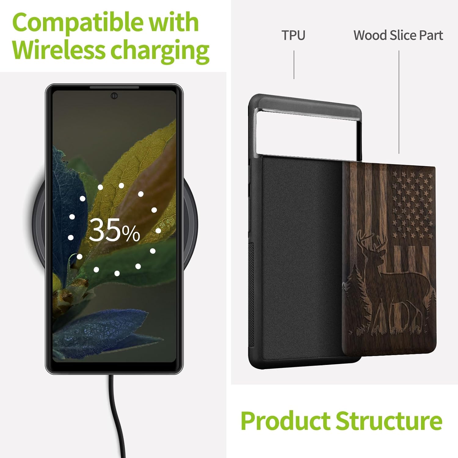 Carveit Wood Case for Pixel 8a Case [Natural Wood & Black Soft TPU] Shockproof Protective Unique Wooden Cover Compatible with Google Pixel 8a (Patriotic Deer Silhouette-Walnut)