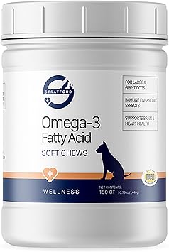 Stratford Pharmaceuticals EZ Chew Omega 3 Fatty Acid Soft Chew Max Strength - Dog Omega 3 Supplement - Soft Chew Treats with Fish Oil for Dogs - Large and Giant Dogs - 150 Soft Chews