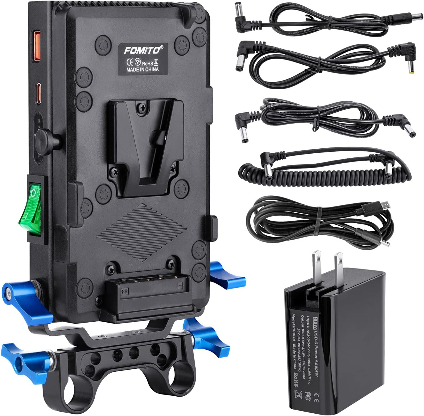 Fomito V-Mount V-Lock Quick Release Battery Plate Power Adapter with 15mm Rod Clamp Built-in Type-C Fast Charging Input