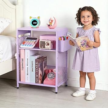 Kids Nightstand, 3-Tier Metal Side Table with Adjustable Storage Shelf, Basket & 3 S-Hooks, Small Bedside Table for Nursery, Toddler Bedroom and Small Spaces (Purple)