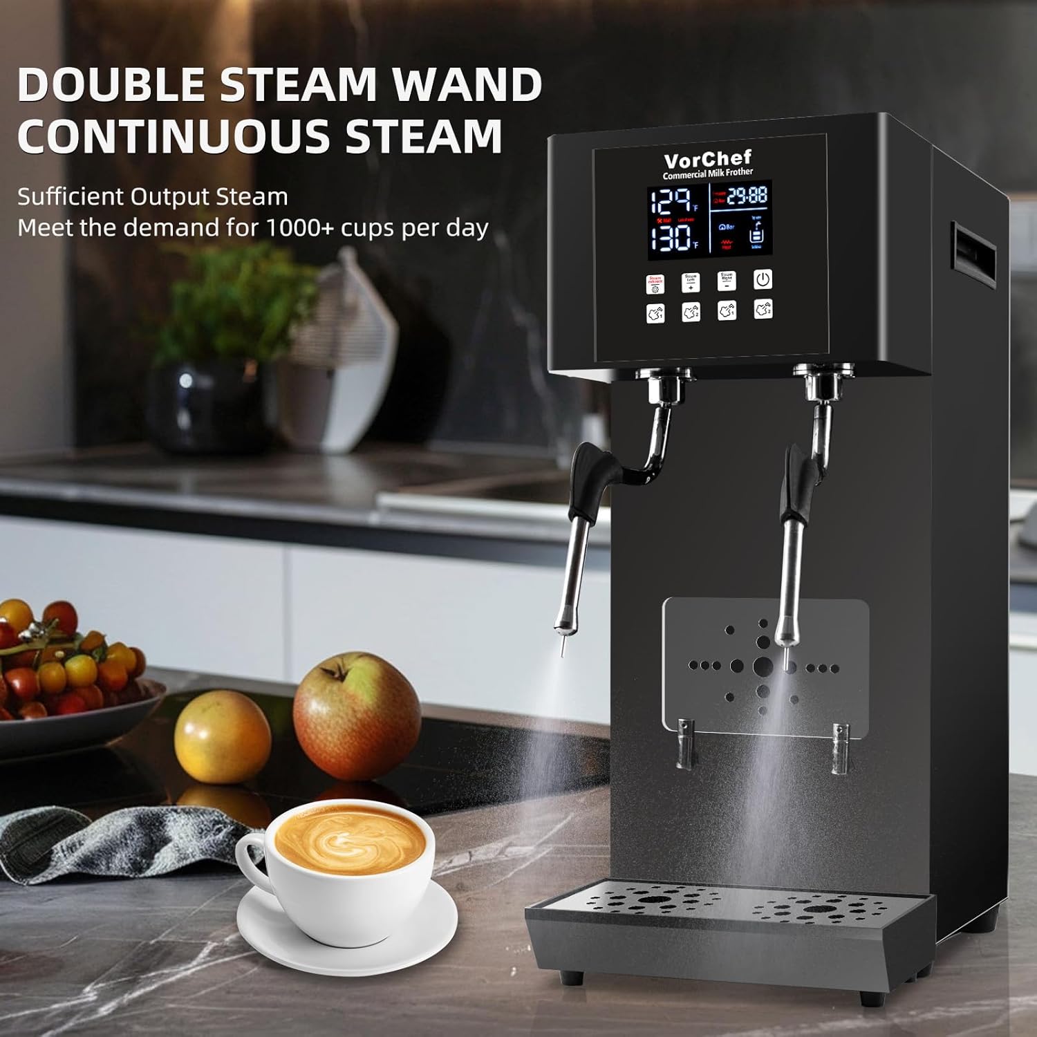 Commercial Milk Frother, 2-Wand Automatic Steam Boiling Water Machine 110V 2200W Electric Steam Milk Frothing Machine Coffee Milk Foam Machine Steamer with LED Display for Tea Coffee Shop