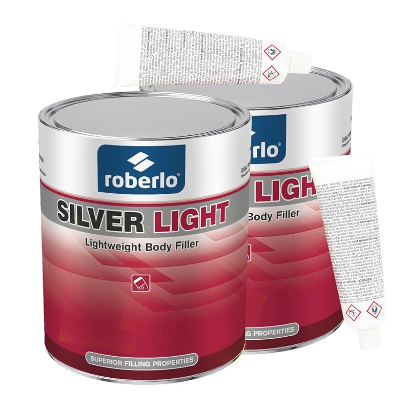 Massa para funilaria Roberlo Silverlight para reparo automotivo, acabamento metálico, kit com 2 recipientes de 3 L
