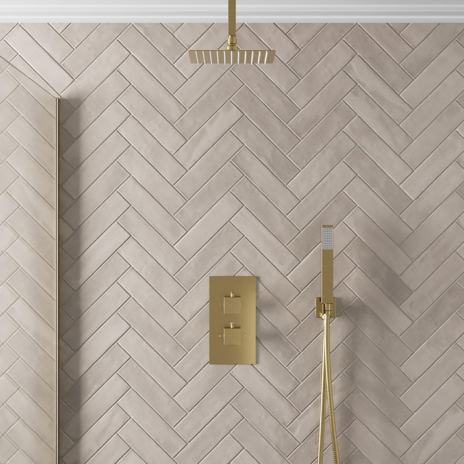 Architeckt® Bathroom Thermostatic Mixer Shower with Square Rainfall Drencher Head, Handset & Concealed Valve Twin Outlet Ceiling Mounted Modern, Brushed Brass