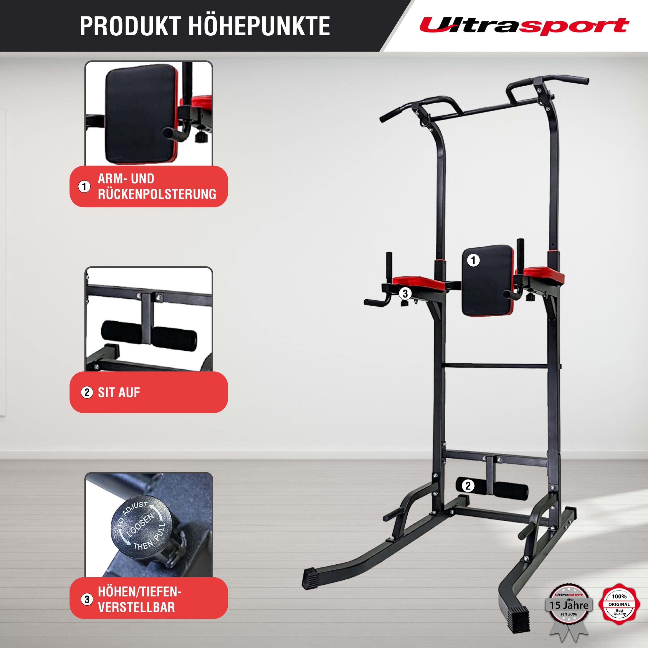 Ultrasport Power Tower, Klimmzug, Dip Station, Fitnessturm, höhenverstellbar, Heim Fitnessstudio, Kraftturm, verstellbar bis 150 kg Nutzergewicht