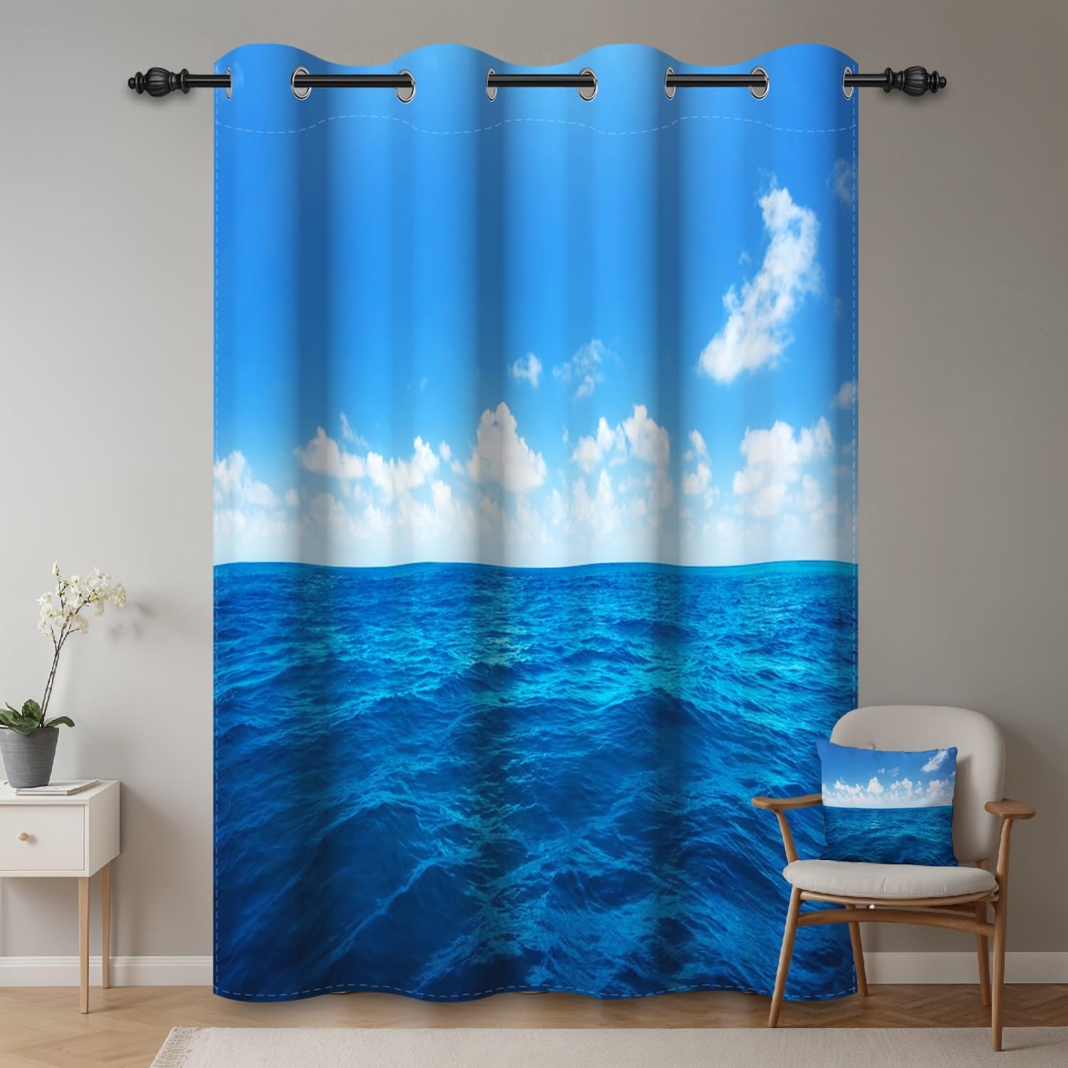 ggaimwf 42"x 63" Ocean Eyelet Curtain Wave Blue Sky Sea Horizon Natural Scenery Nautical Theme Thermal Grommet Room Dividers Blackout Window Drapes for Bedroom Living Room,1-Single Panel - Image 2