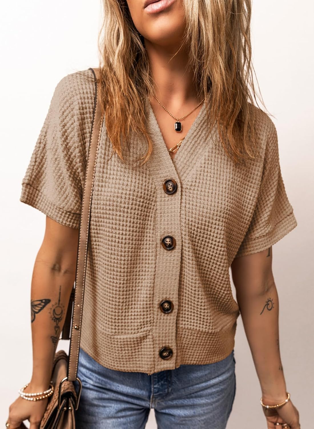 Dokotoo Womens Summer Tops 2026 Waffle Knit Button Down Shirts Casual V Neck Short Sleeve Shacket Jacket Dressy Blouses - Image 7