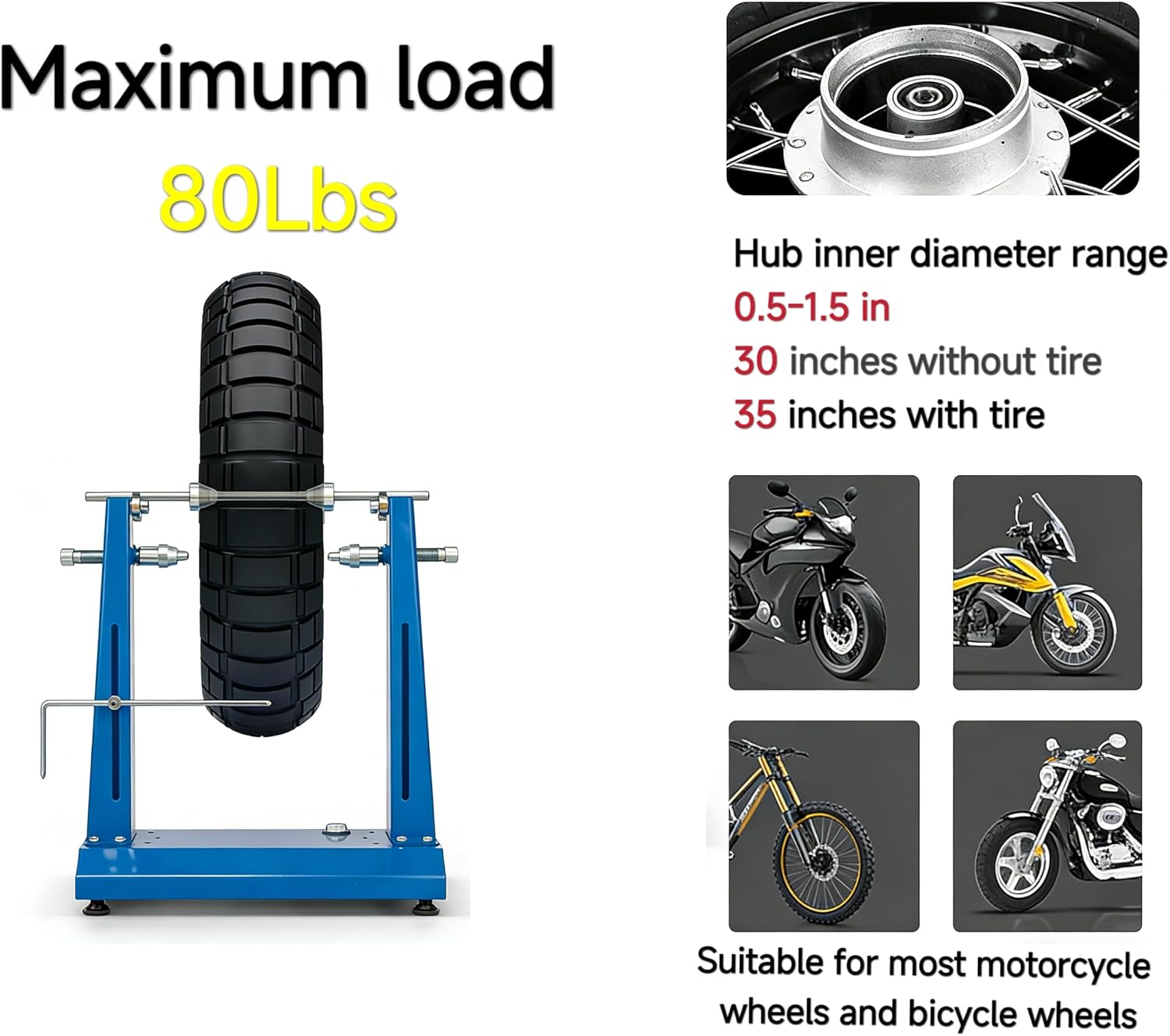 Motorcycle Wheel Balancer & Truing Stand, Heavy-Duty Static Tire Balancing Tool with Precision Bearings & Adjustable Cones, Fits Dirt Bike, Sport Bike & Motorcycle Wheels up to 35”