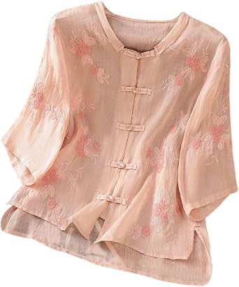 Embroidered Tops for Women Floral Cotton Linen Tunic Tshirt Peasant Tee Women 3/4 Sleeve V Neck Button Boho Ethnic