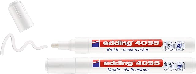 edding 4095 chalk marker - white - 2 chalk pens - round nib 2-3 mm - medium-nib wet wipe pen for chalkboards, windows, glass, mirrors - liquid chalk marker pens for opaque coverage