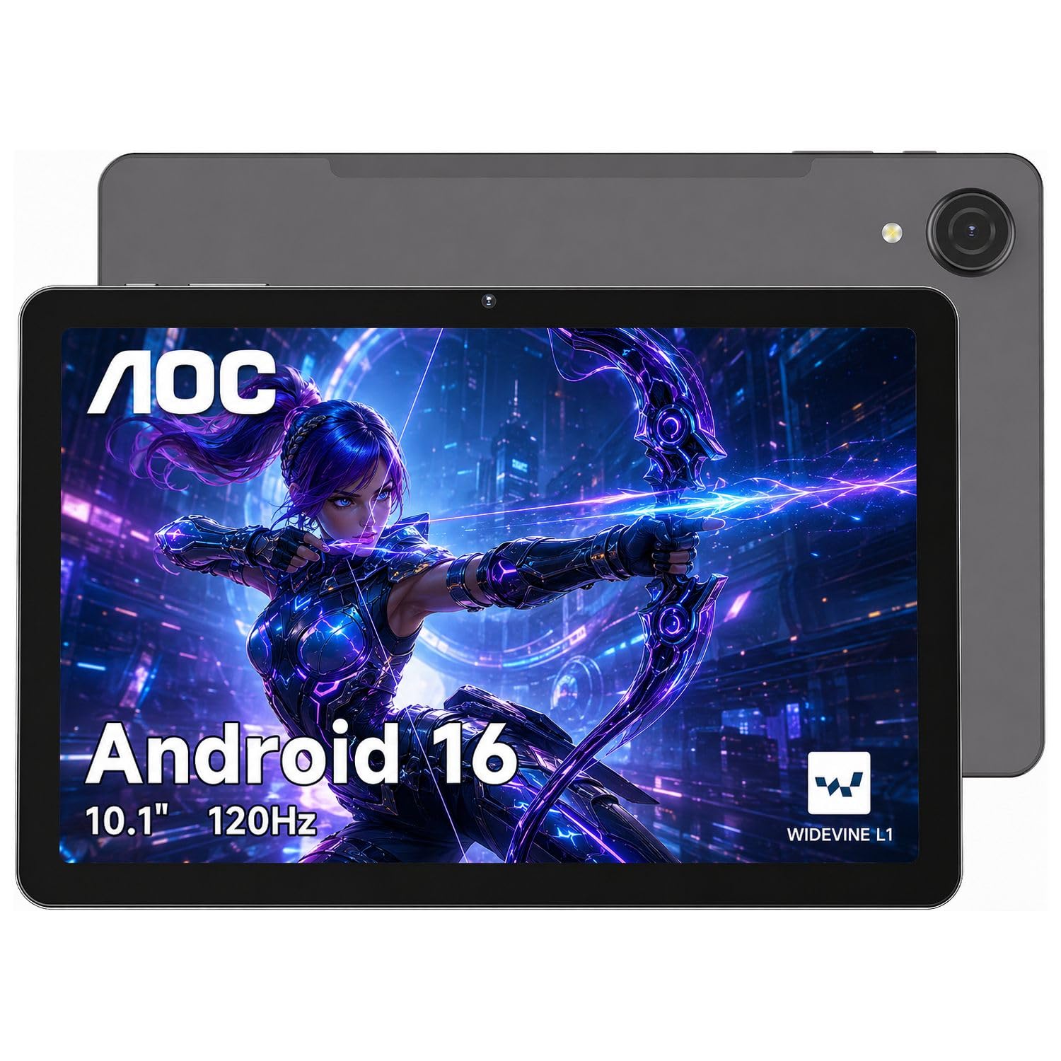 AOC 10 Inch Tablet Android 16, 120Hz IPS High Brightness HD Display, 8-Core Processor, Widevine L1 HD Streaming, 4GB RAM 128GB Storage (1TB Expand), 6000mAh Battery, WiFi, Face ID, Metal Body, Gray