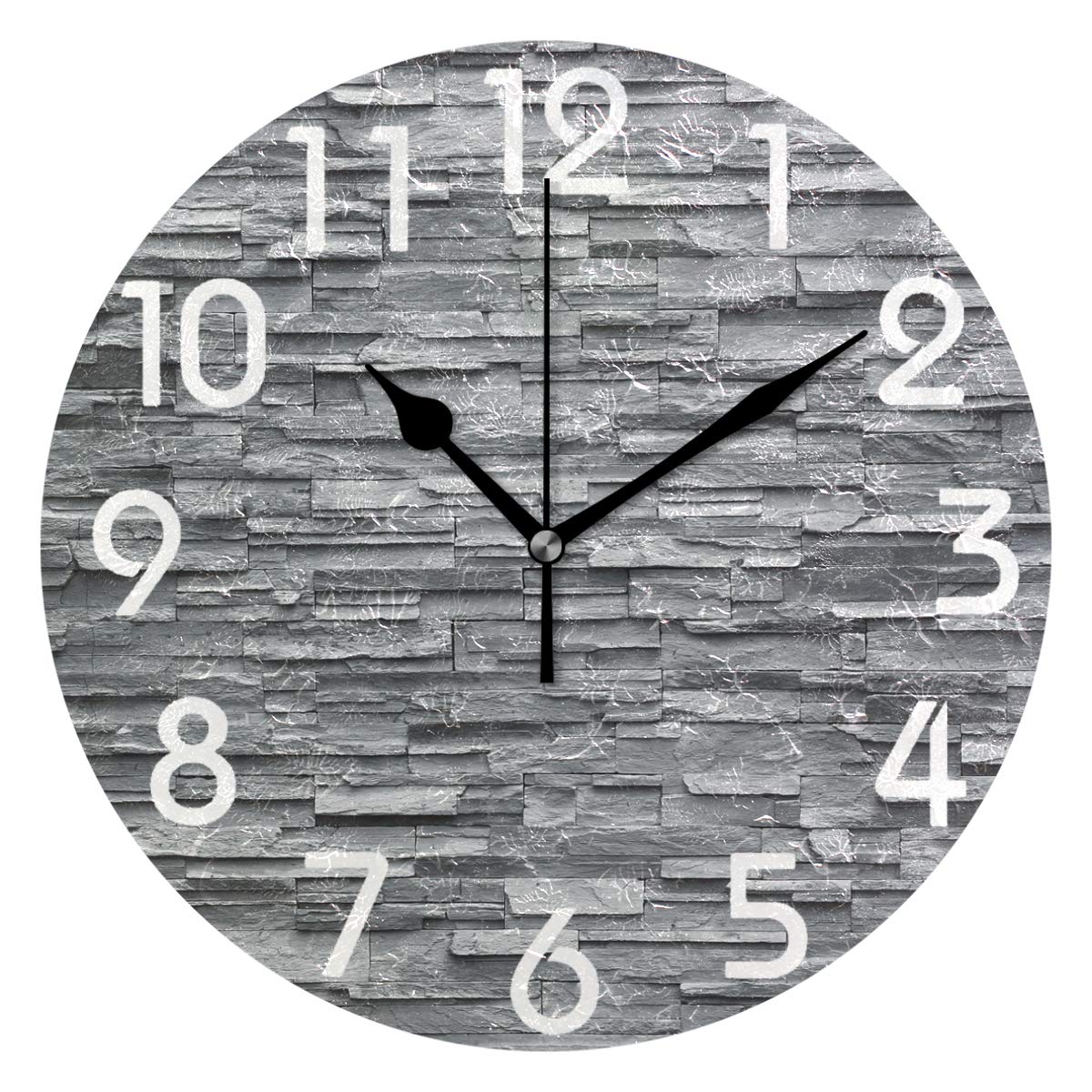 Naanle Chic 3D Black Slate Stone Wall Print Round Wall Clock Decorative, 9.5 Inch Battery Operated Quartz Analog Quiet Desk Clock for Home,Office,School