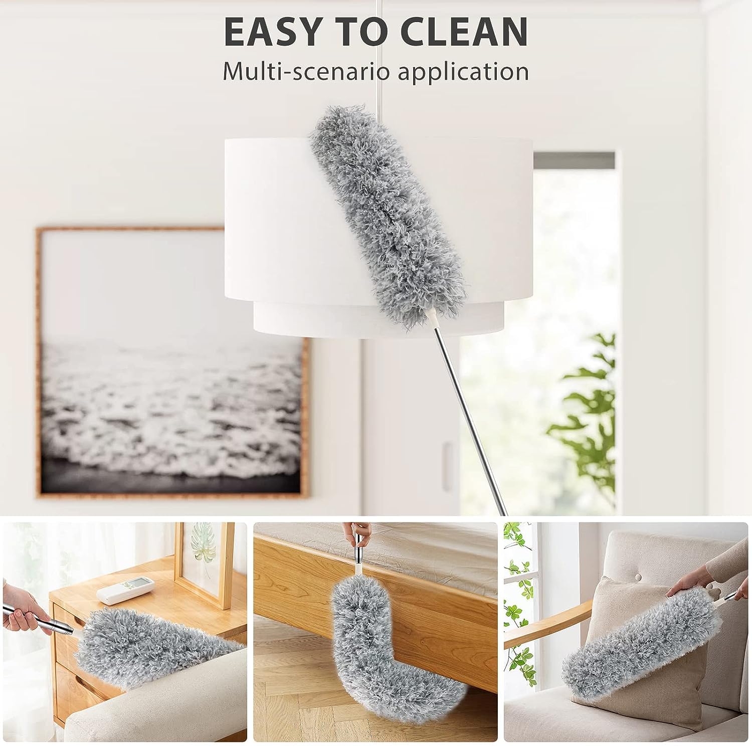 2 in 1 Long Handle Microfiber Feather Ceiling Duster for Dust Cleaning with extendable Pole 30-100 Inch with Anti Scratch Bendable Head for Cleaning High Cobweb Stick high Ceiling Fan Mop 3