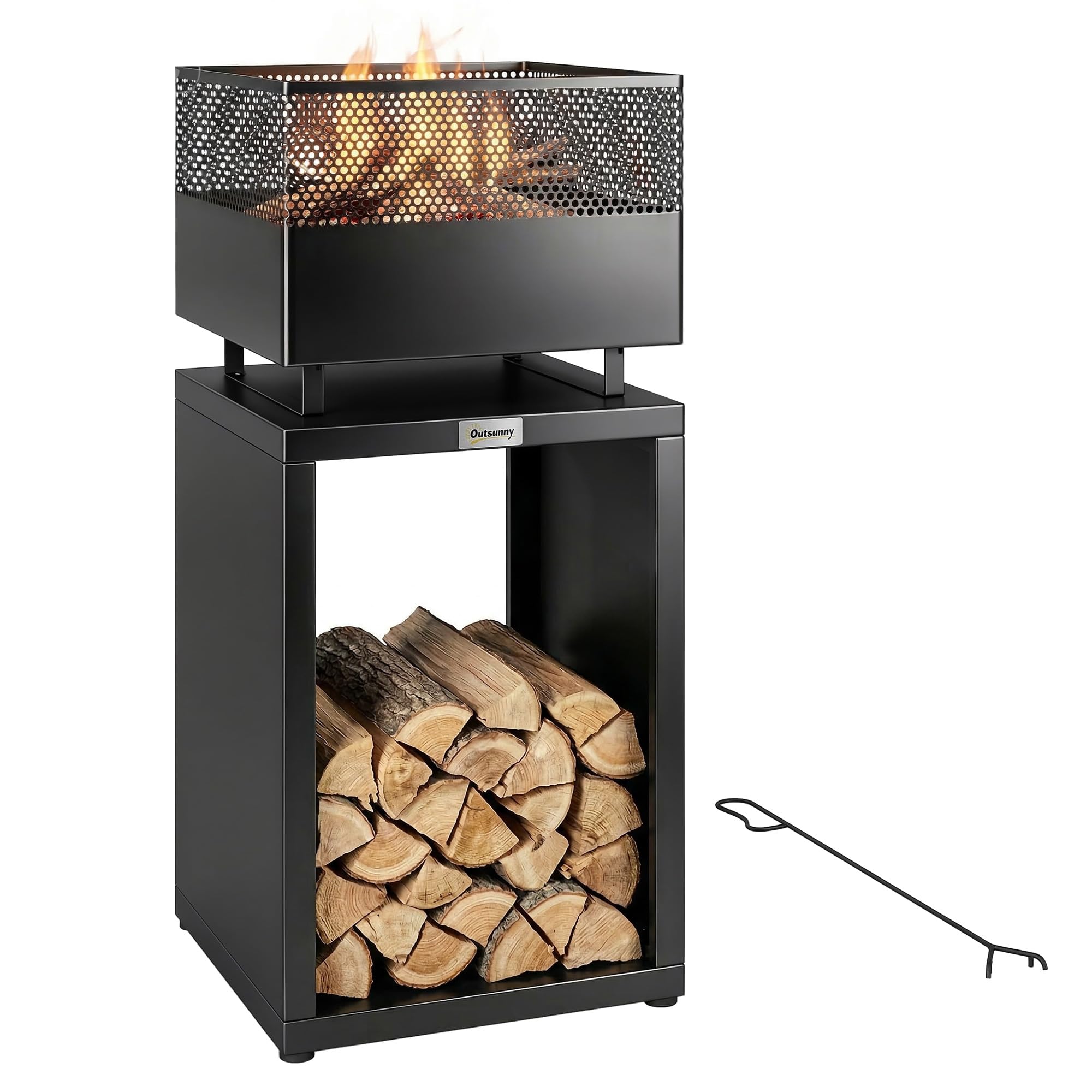 Outsunny Feuerschale mit Holzlager Kohlegitter 39 x 39 x 87 cm Schwarz | Feuerstelle, Verstellbaren Füßen, Feuerschalen Feuerkorb, für Garten Balkon Terrasse, Outdoor BBQ Camping
