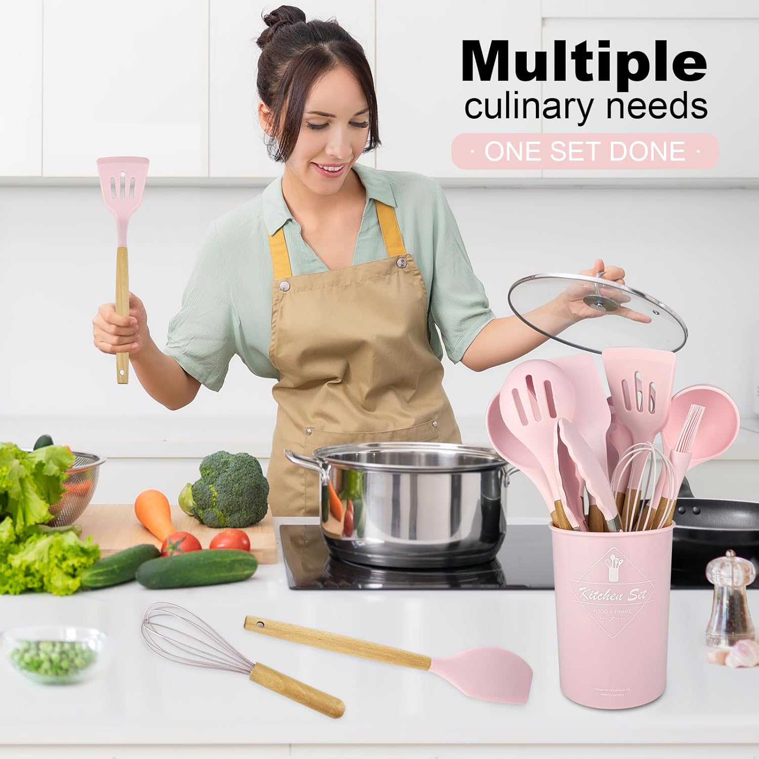 Silicone Cooking Utensils Kitchen Utensil Set - 446°F Heat Resistant Silicone Kitchen Utensils Set, Spatula,Turner Tongs, Spoon, Brush, Whisk,Kitchen Gadgets for Nonstick Cookware, BPA Free (Pink)