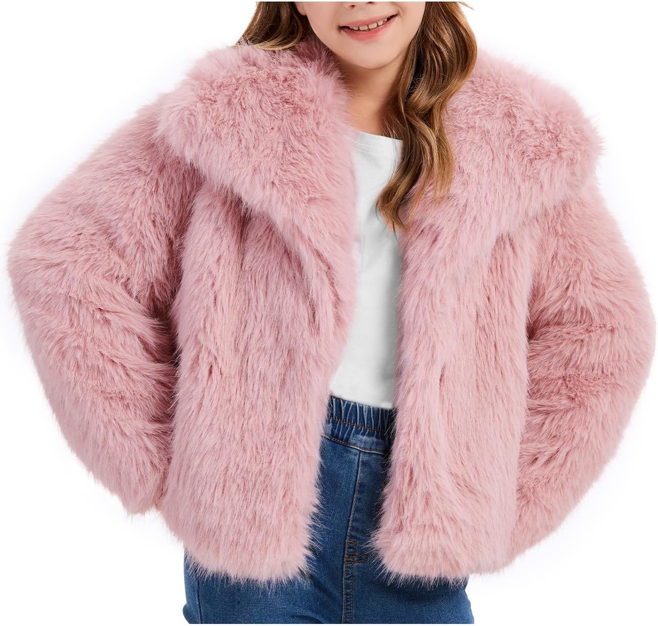 COZYPOIN Girls Faux Fur Coat Kids Fluffy Fur Jacket Cropped Long Sleeve Lapel Open Front Winter Fuzzy Outerwear Pockets 5-14Y