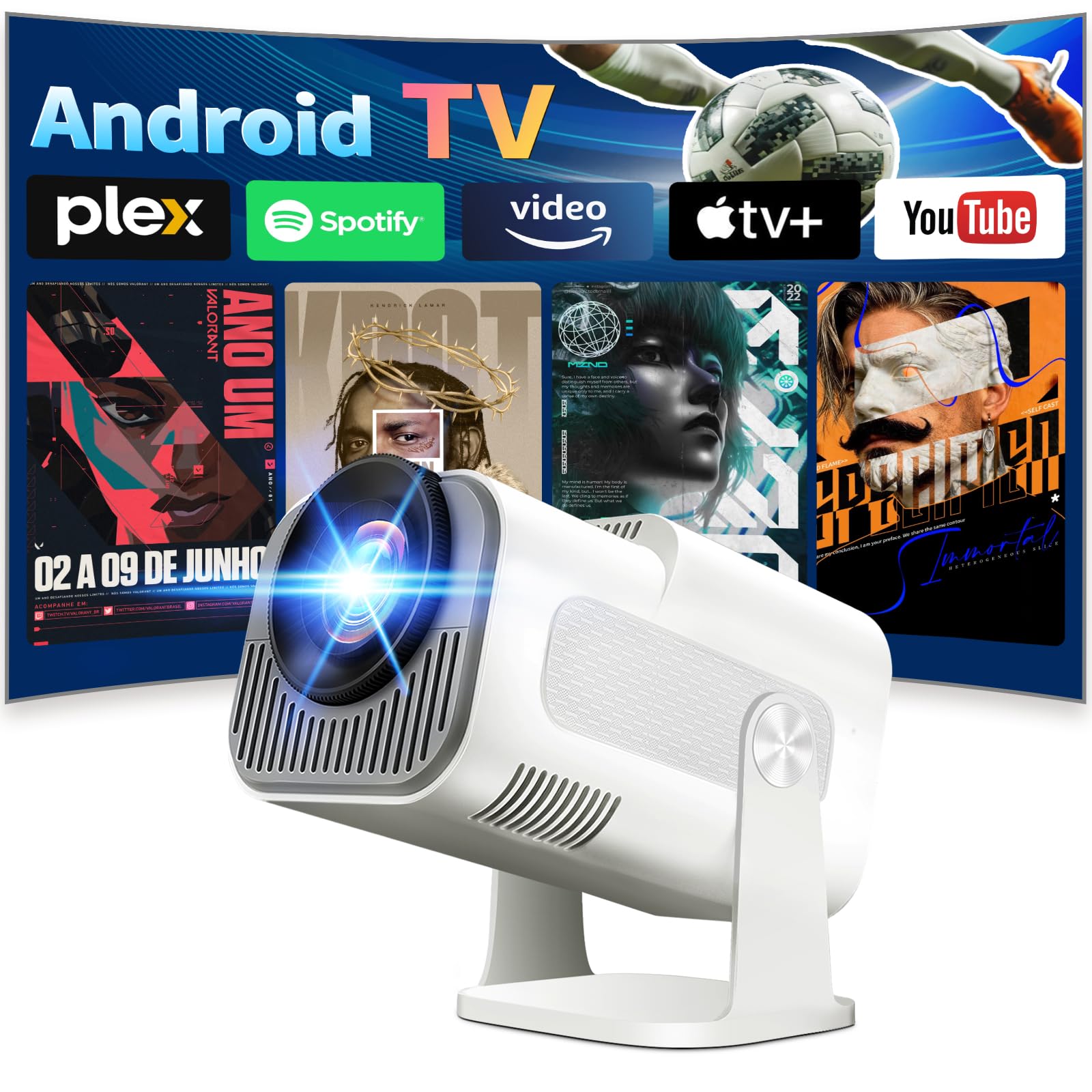 Vidéoprojecteur 4K 1080P Mini Projecteur avec WiFi 6 et Bluetooth 5.2 Projecteur Trapézoïdale Automatique, 270° RotationSupporte HDMI/TVStick/Memory Stick/Laptop, Blanc