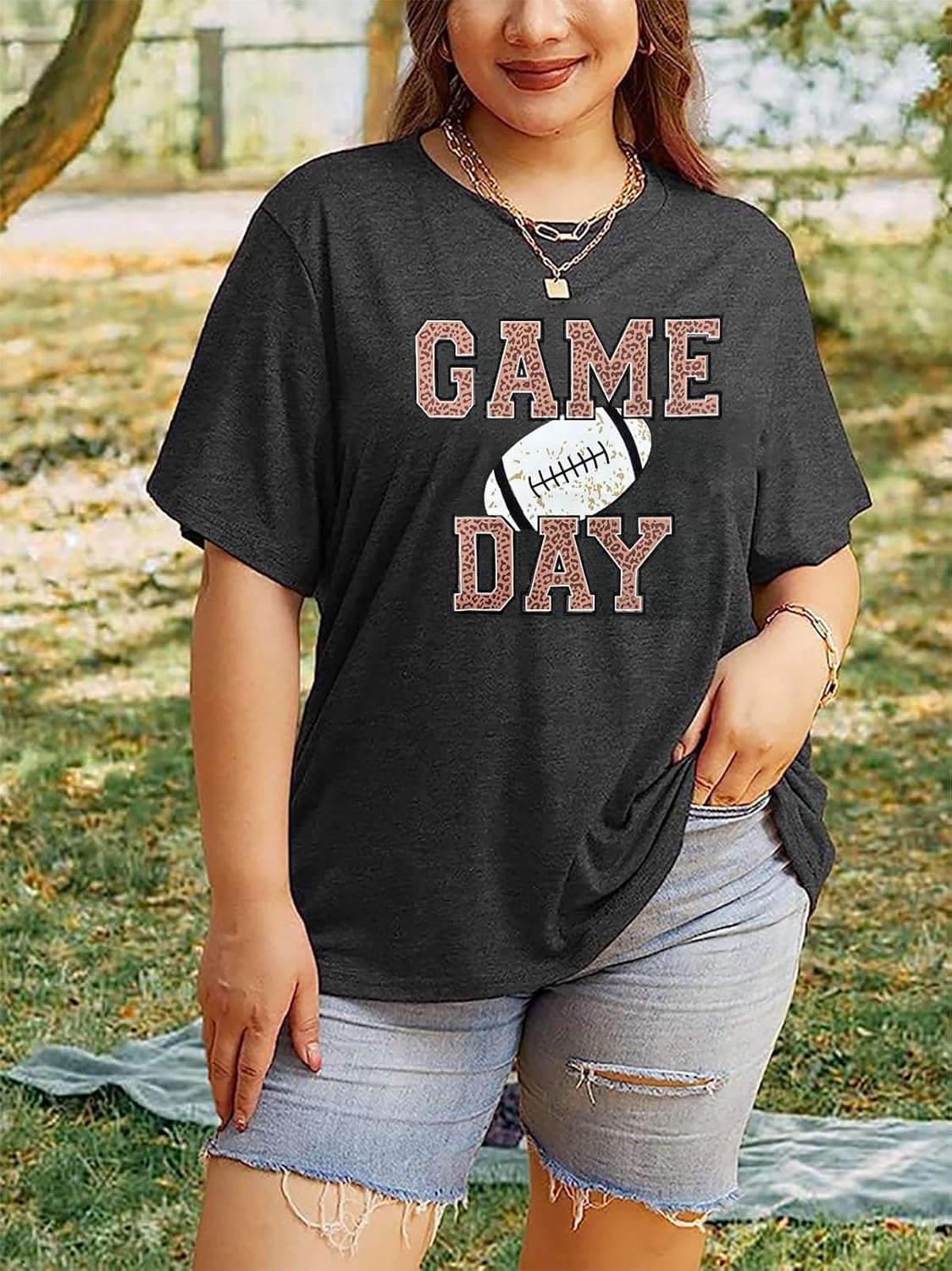 Plus Size Women Football Shirt Game Day Tshirt Football Mom Tops Tee Sports Season Short Sleeve Novelty Tops - Image 2