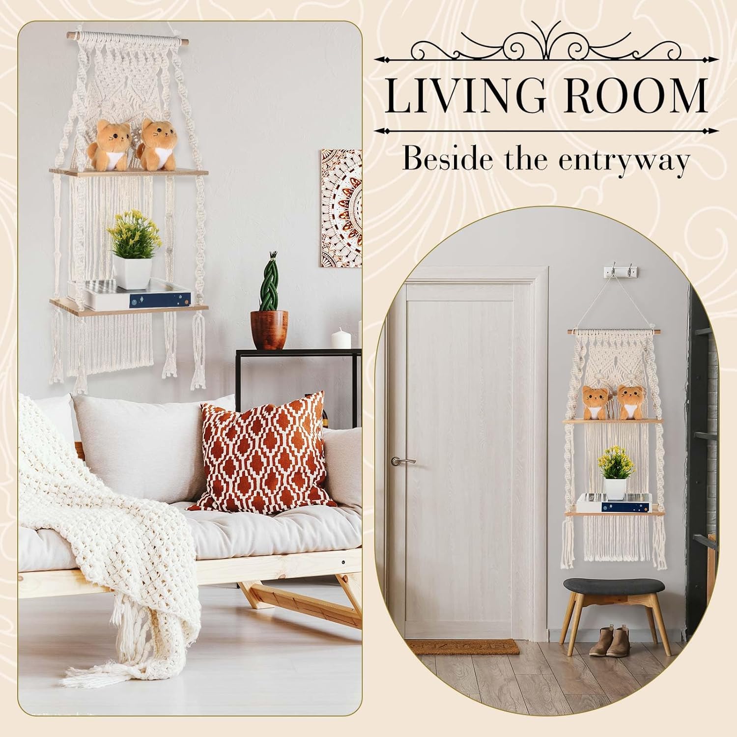 Barydat 2 Pack Macrame Wall Hanging Shelf 2 Tier Handmade Boho Hanging Wall Shelf Floating Woven Rope Decorative Storage Racks Holder Organizer for Home Bedroom Bathroom Plants, Beige (Elegant)