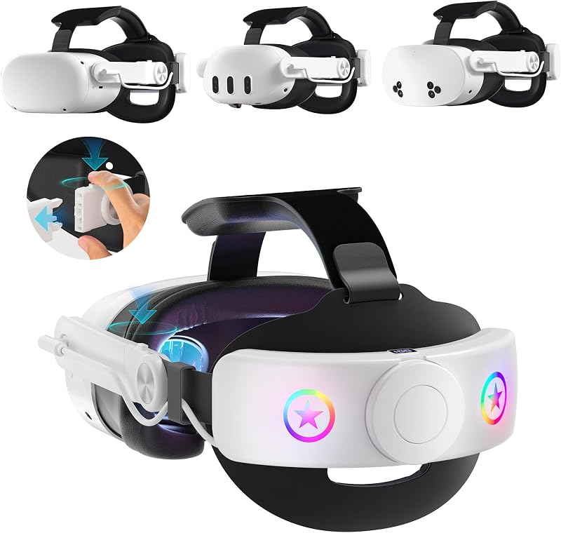 Correa VR Head Set con batería de 10000mAh para Meta Quest 3/3S - Liberación patentada con un solo clic, diseño ajustable desmontable compatible con Quest 2 3/3S, juegos VR equilibrados y cómodos