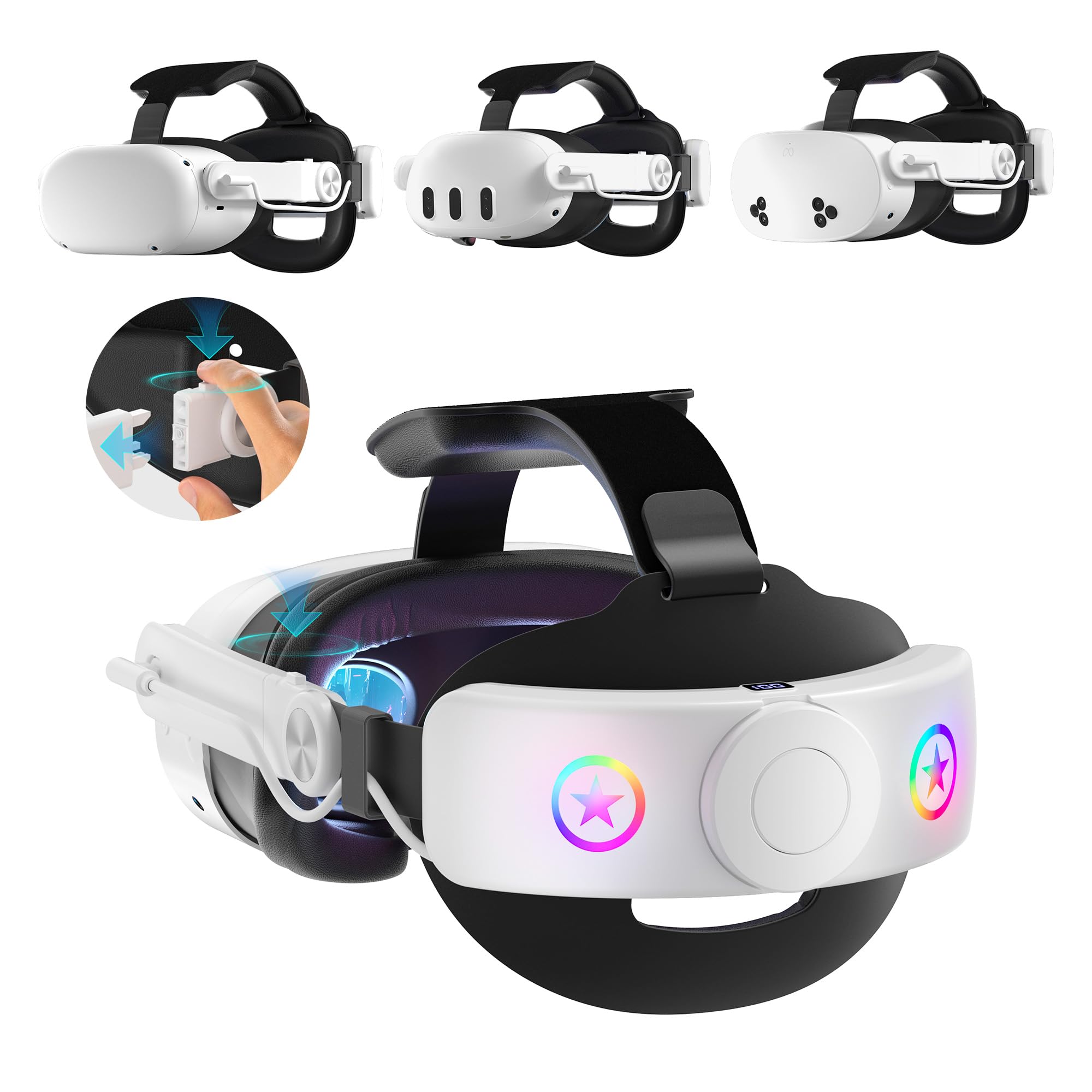 VR Head Set Strap with 10000mAh Battery for Meta Quest 3/3S - Patented One-Click Release, Adjustable Detachable Design Compatible with Quest 2 3/3S, Balanced and Comfortable VR Gaming