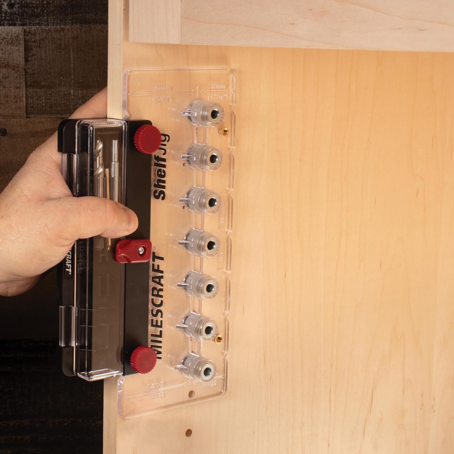 Milescraft 1343 Shelf Jig – Create ¼ in. and 5mm Shelf Pin Holes for Cabinets. Standard 32mm Spacing. Shelf Pin Jig includes Two Drill Bits - Image 2
