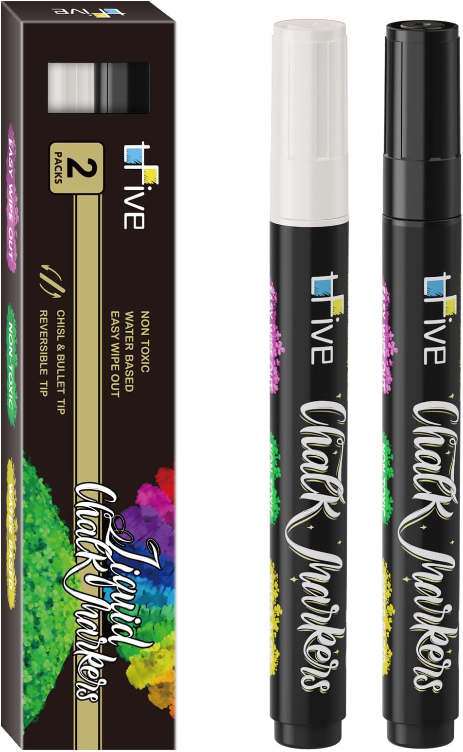 TFIVE White&Black Liquid Chalk Markers - 2 Pack Bright Colors Erasable Chalk Marker Pens, Reversible Tip, Non-Toxic, for Chalkboards, Signs, Glass, Easy to use Chalk markers TF800