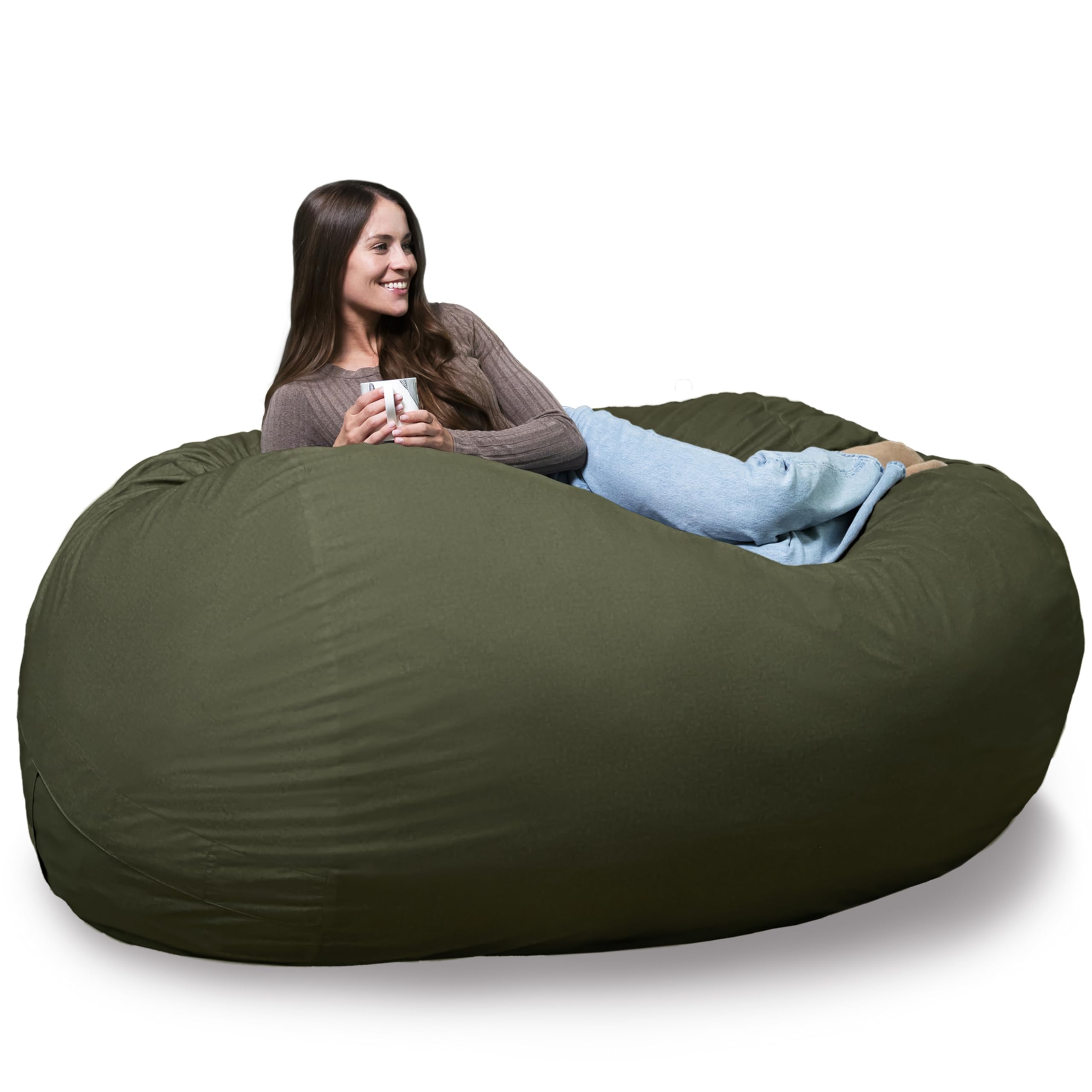 Big Joe Fuf 6.5Ft Giant Foam Bean Bag Chair, Oversized Couch with Removable Cover for Kids, Teens, Adults, Forest Green Velveteen, Durable Woven