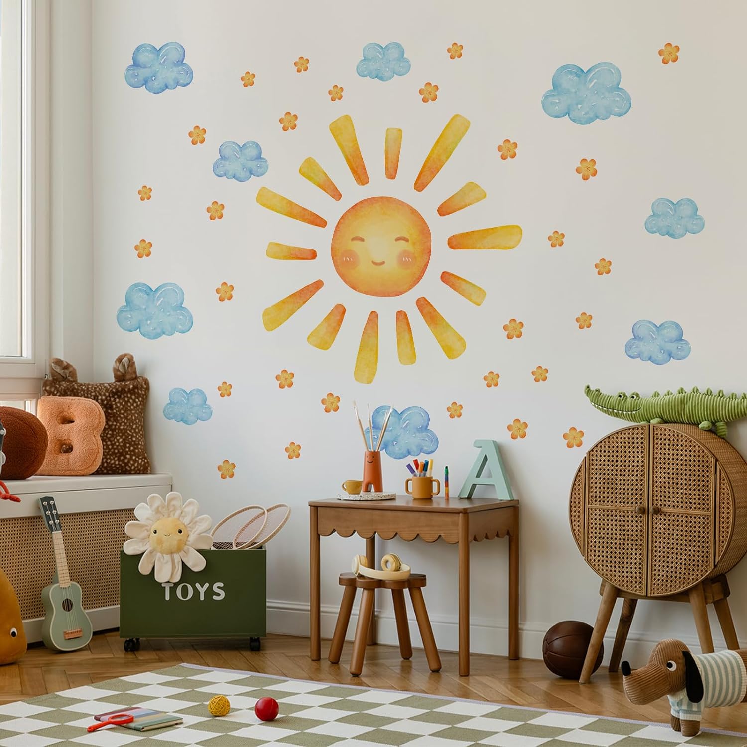 35.4 ×11.8 Inch Sun Clouds Wall Decal Watercolor Mural Modern Vinyl Removable Peel Stick Sticker for Nursery Room Playroom Living Room Bedroom Decor