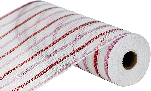 Craig Bachman Malla metálica de yute sintético de poliéster de 10 pulgadas: blanco/rosa/rojo (10 yardas) - Cinta decorativa metálica a rayas para