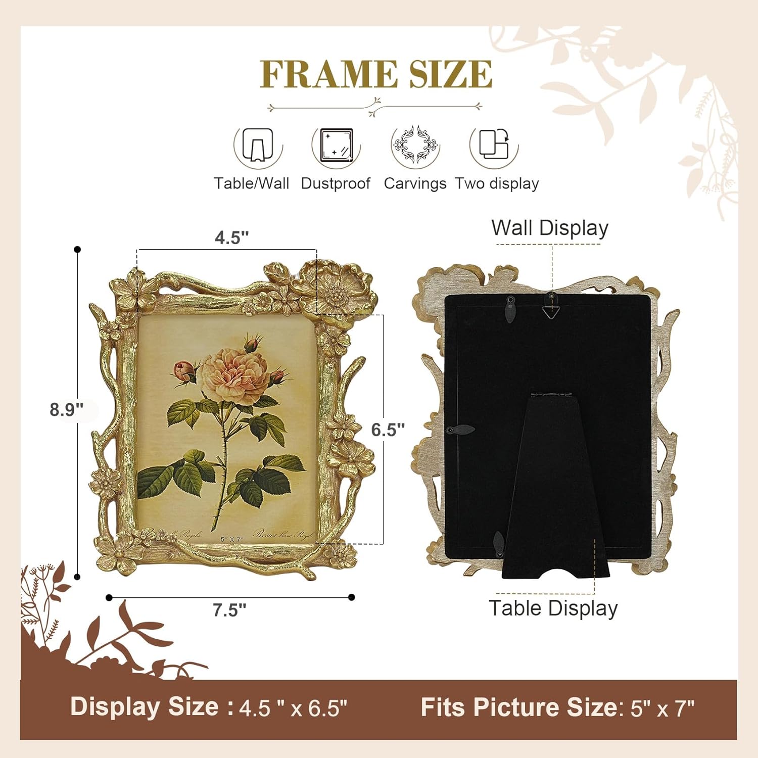 5x7 Vintage Picture Frame, Gold Antique Ornate Picture Frame, Victorian Retro Decorative Photo Frames for Tabletop & Wall, Baroque Home Decor Frames