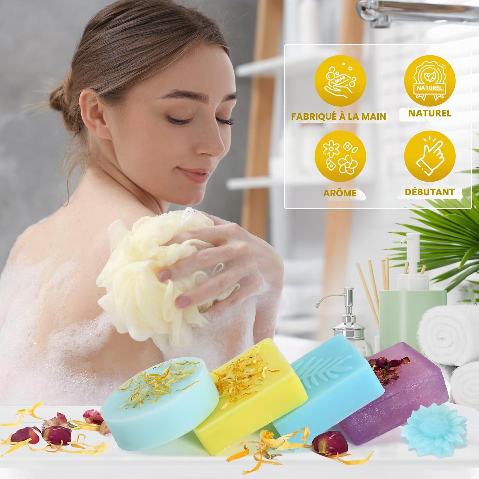 Kit Fabrication Savon, Vezerd créatif pour adultes avec moule à savon, base de savon et savon brut, bombes de bain, savons à faire soi-même pour enfants/débutants