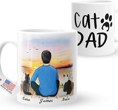 Personalized Coffee Cup for Cat Lovers- Cat Dad Design 11oz Ceramic Tea Coffee Mug- Ideal Gift for Birthday, Fathers Day, Christmas, or Any Occasion - Coffee Cup for Pet Owner 2CAT-DAD