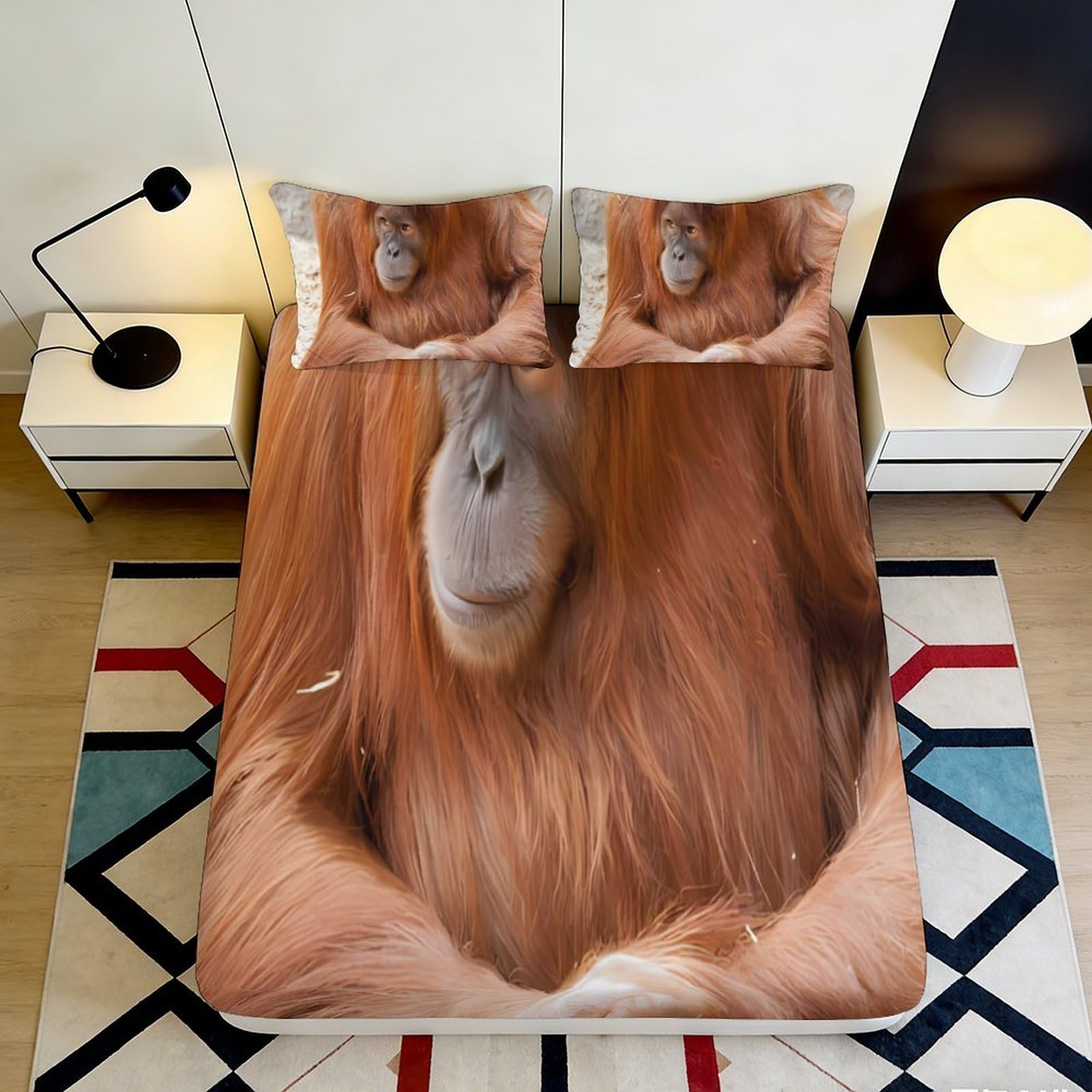 3D Printed Orangutan Art Fitted Sheet Microfiber Soft Animal Face Bed Cover for Bedroom Dorm Mattress Protection Decor 90x200x25cm
