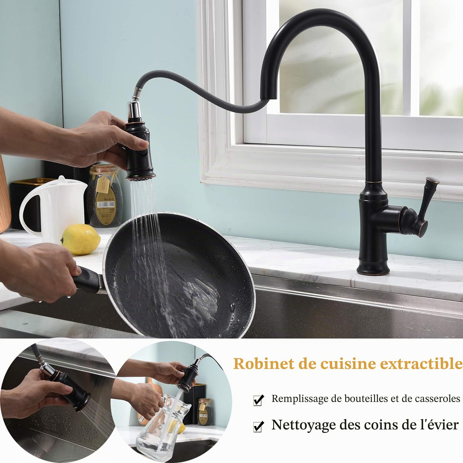 PHASAT Robinet Mitigeur de cuisine extensible avec douchette extensible à 360° 2 fonctions Robinet de cuisine ORB KZ06