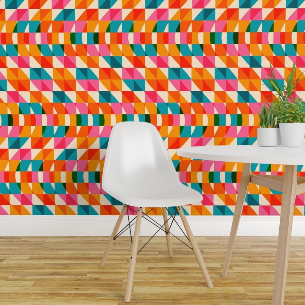 Spoonflower Removable Wallpaper 3ft x 2ft - Retro Checkered Waves Pink Green Blue Red Orange Stripes Custom Pre-Pasted Wallpaper
