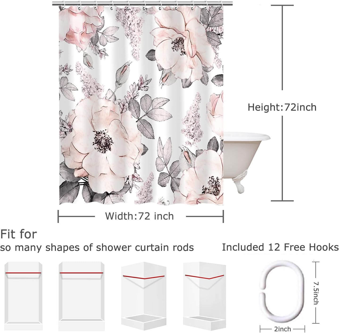 LIVILAN Pink Gray Flower Shower Curtain, Watercolor Floral Shower Curtains with Hooks White Grey Fabric Blossom Bathroom Decor Machine Washable, 72" W x 72" H