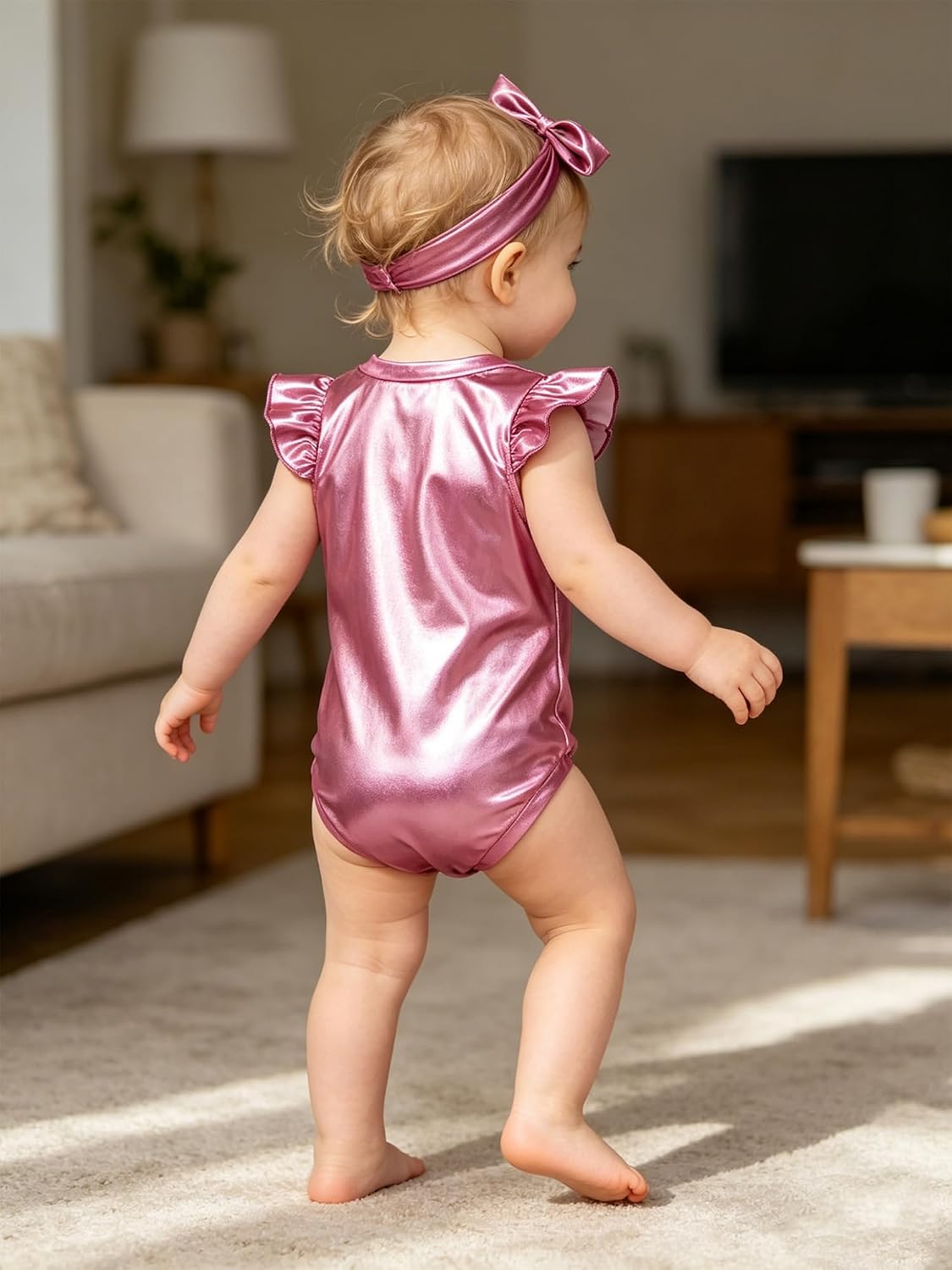 FEESHOW Baby Girls Shiny Metallic Round Neck Ruffled Bodysuit with Bow Headband 2Pcs Rave Concert Outfit