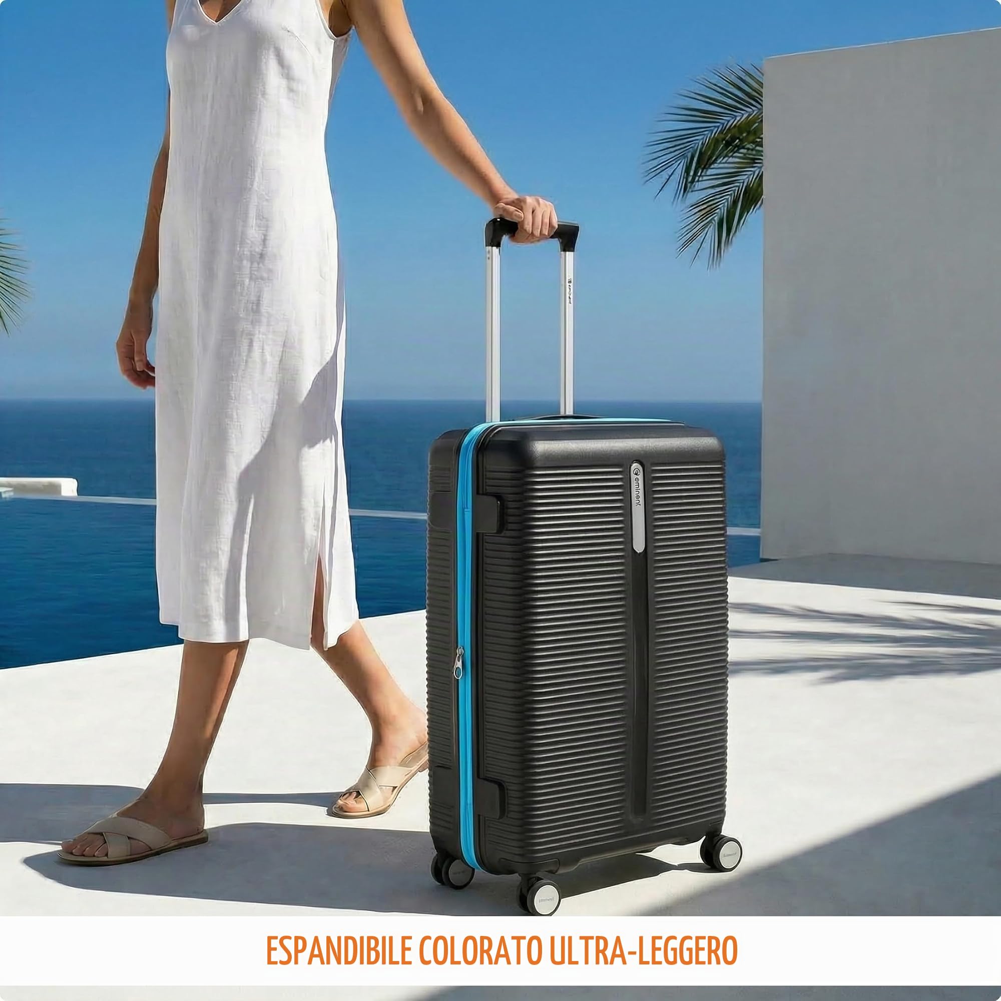 Eminent Finno Valigia Grande 23 kg da Stiva, Trolley XL 158 cm Leggero | Valigia grande XXL rigida, 3,9 kg, 110L, 158 cm per 23 kg da stiva, espandibile 77x51x30/34, polipropilene, Nero