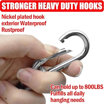 Clothes Line Outdoors, PVC Rustproof Cord with Snap Hooks 40 ft | 3/16 inch silver PVC coated steel cord with anti slip locking hooks, camping backyard clothes line outdoors 40 ft
