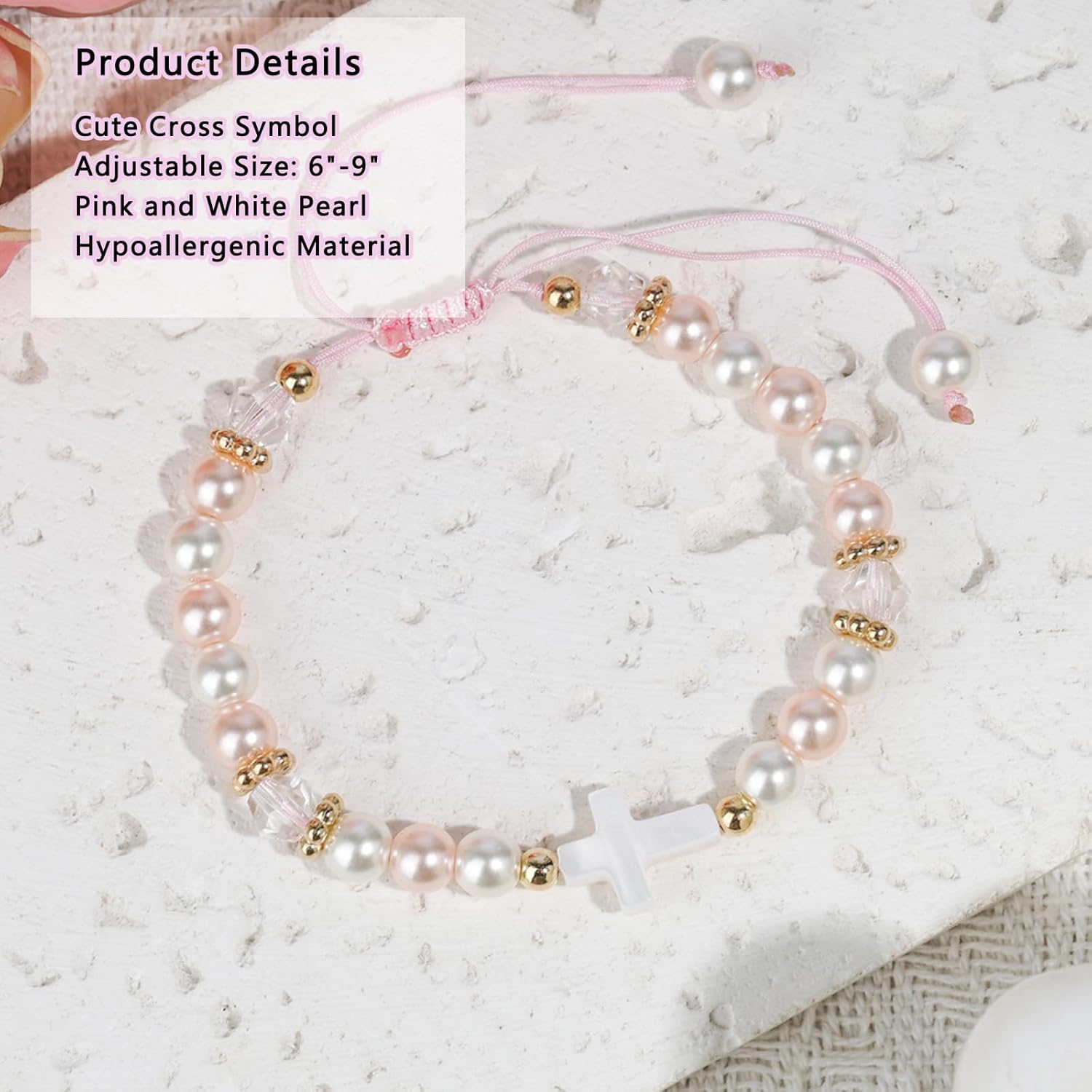 Adjustable Pink Pearl Cross Bracelet Baptism Confirmation First Communion Religious Gifts for Girls, Daughter, Granddaughter, Niece - Image 6